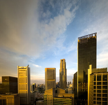 Central Business District, Singapore, Feb 3rd 2024, view of skyscrapers at sunset in the financial district