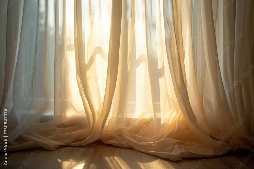 Poster sun shining through white curtains. background image. created with generative ai technology