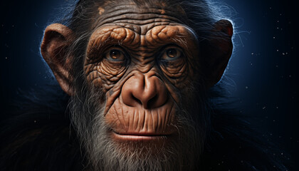 A wise and curious great ape gazes into the lens, its wrinkled face a reflection of its ancient mammalian lineage