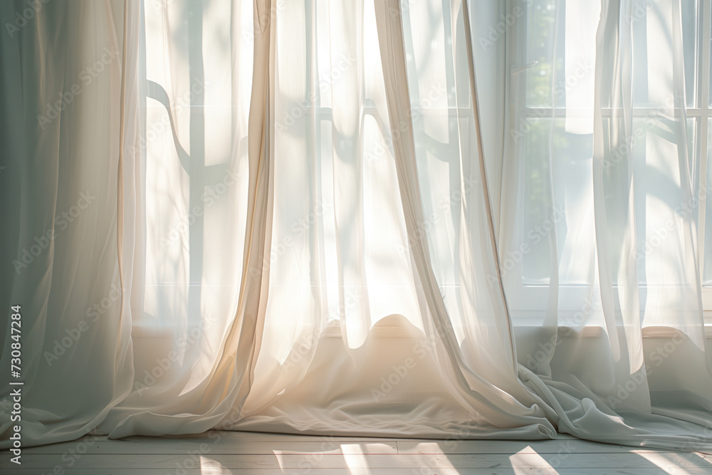 Poster sun shining through white curtains. background image. created with generative ai technology