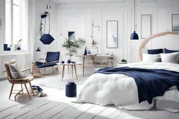 Nordic-inspired bedroom with navy blue details, showcasing simplicity and sophistication in a calming white setting.