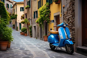 Poster Whimsical charm of a blue scooter parked on a cobblestone lane in an Italian village, surrounded by vibrant facades and the ambiance of a serene day © Haider