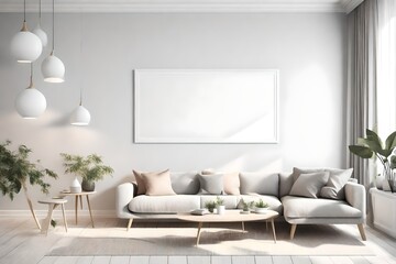 An aesthetically pleasing living room mockup, capturing the essence of Scandinavian design with a minimalist sofa, an empty wall, and a white blank frame in 3D realism.