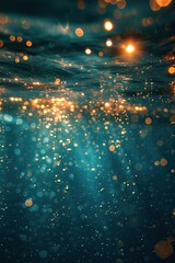 Naklejka premium Dos mundos superficie y mar adentro, colores azulados y dorados, entrada de luz solar, brillo partículas arenosas, turquesa, aguamarina, excursión con encanto, viaje interior, saber, ecosistema, agua