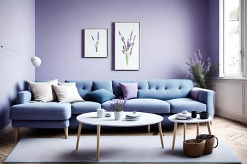 Scandinavian chic with a sky blue sofa and a white coffee table in a room with a blank lavender wall.
