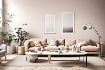 Picture a serene Scandinavian living room featuring a comfortable sofa and coffee table arrangement, a soft pastel color palette, and an empty wall providing the perfect space for personalization.
