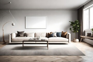 Indulge in the contemporary elegance of this living room, where a minimalist sofa, an empty wall mockup, and a white blank frame offer a canvas for personal expression.