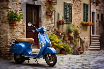 Fototapeta na wymiar Whimsical charm of a blue scooter parked on a cobblestone lane in an Italian village, surrounded by vibrant facades and the ambiance of a serene day