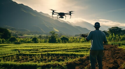 Man controlling AI powered drone in his his agriculture farm, Artificial intelligence automation in farming