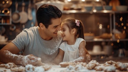A father and his daughter baking cookies together in the kitchen, flour dusting their clothes as they share a playful moment