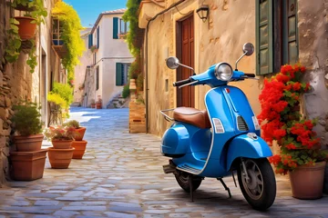 Photo sur Aluminium Scooter Whimsical charm of a blue scooter parked on a cobblestone lane in an Italian village, surrounded by vibrant facades and the ambiance of a serene day