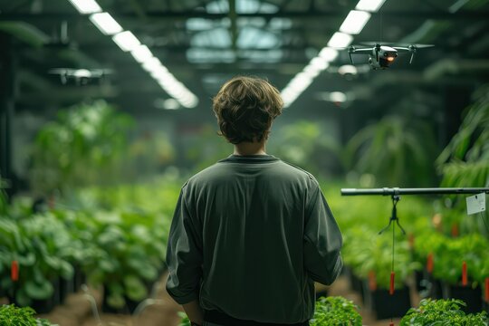 Man controlling AI powered drone in indoor vertical farming hydroponics facility, Sustainable modern hydroponics farming zero carbon emissions 2050,