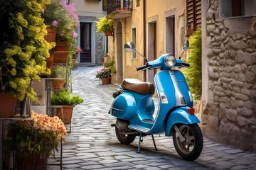 Zelfklevend Fotobehang Whimsical charm of a blue scooter parked on a cobblestone lane in an Italian village, surrounded by vibrant facades and the ambiance of a serene day © Haider