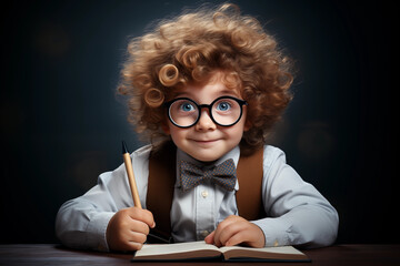 Little genious with curly brown hair and glasses in a bow tie and shirt, sitting at a desk holding a pen. On a dark background.