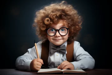 Fotobehang Little genious with curly brown hair and glasses in a bow tie and shirt, sitting at a desk holding a pen. On a dark background. © Holly Berridge