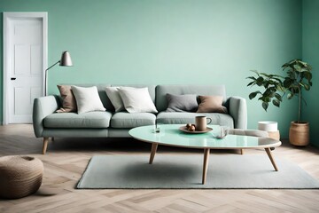 Nordic simplicity in a room with a light gray sofa and a glass coffee table against an empty mint green wall.