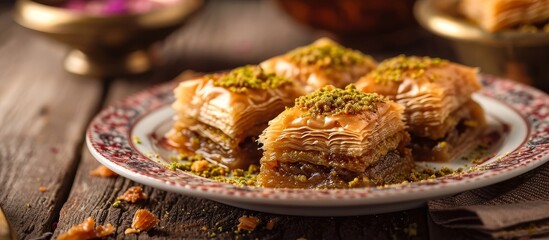 A delicious Middle Eastern dessert, baklava with pistachios, placed on a rustic wooden table, perfect for indulging in the rich flavors of this baked goods dish.
