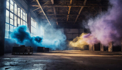 Inside an empty warehouse, clouds of bright multi-colored blue, purple, pink, yellow smoke float in the air.