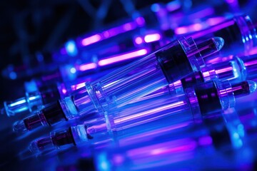syringes with blue purple neon light closeup in. medical pharmaceutical laboratory. Science research. Looking for cure of cancer an autoimmune disease.