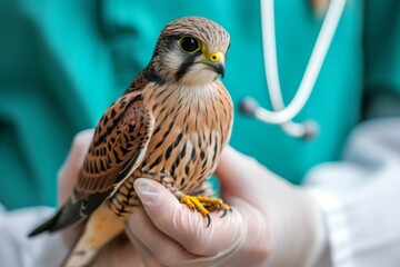 Common Kestrel, Falco tinnunculus, in the hands of a veterinarian