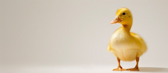 A small yellow duck, a type of bird from the waterfowl family, is standing on a white surface, with its beak and tail visible. - obrazy, fototapety, plakaty
