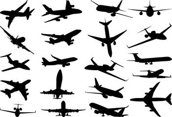 silhouette airplanes set on white background vector