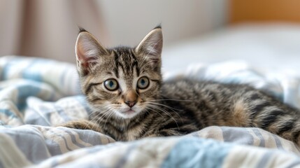 Cute little kitten on bed. Caring for pets, pet from the shelter for animals