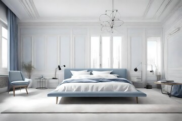 Sleek white bedroom with dusty blue details, showcasing a perfect harmony between simplicity and sophistication.