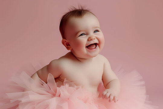Joyful Baby in Tutu Skirt, Laughing Infant Portrait, Pink Background Baby Photo, baby girl in dress