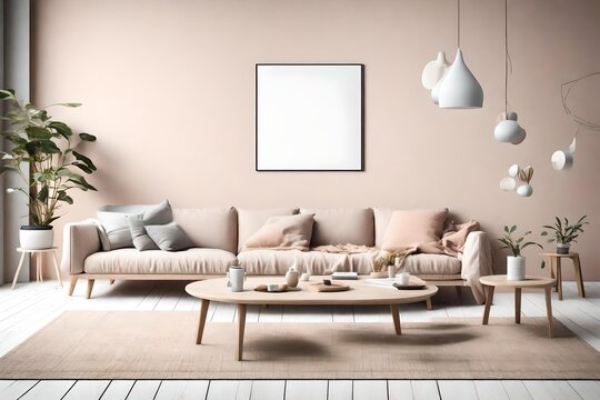 HD image of a Scandinavian living room showcasing a simple sofa and coffee table arrangement against an empty wall mock-up, adorned with subtle pastel accents.
