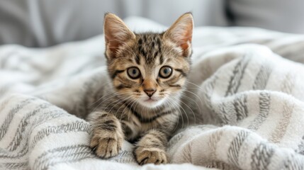 Cute little kitten on bed. Caring for pets, pet from the shelter for animals