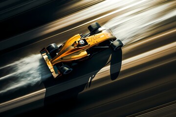 Dynamic aerial view of a racing car taking a corner at high speed, capturing the intensity of...