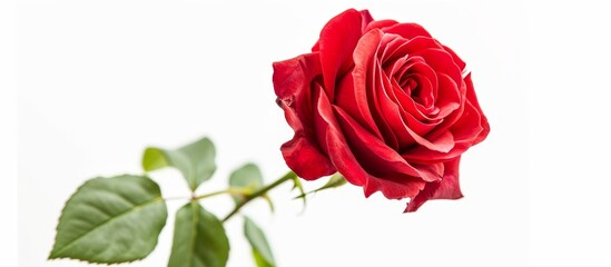 The flower is a single red rose with green leaves, belonging to the hybrid tea rose plant. It is commonly seen against a white background.