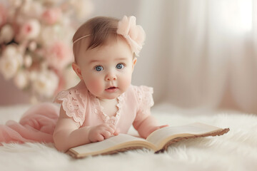 Baby Girl Reading Book, Infant with Pink Bow, Curious Baby with Storybook, little girl with a book