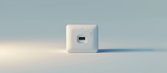 A rectangular gadget made of plastic and metal, designed in electric blue color, is placed on a white surface. It has a circular hole in the middle.