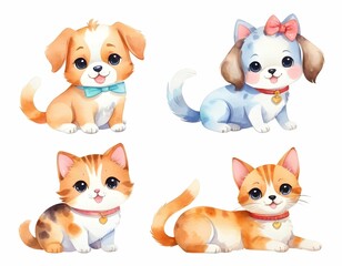Fototapeta premium kawaii kittens and puppies. In watercolor style. Objects on a white background