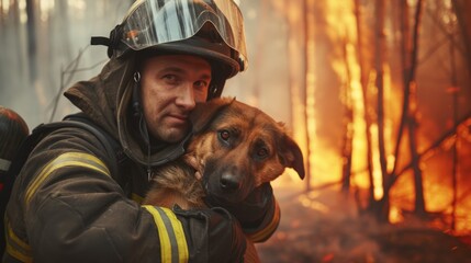 Portrait heroic fireman in protective suit holds saves dog in his arms, Firefighter in fire fighting operation - obrazy, fototapety, plakaty