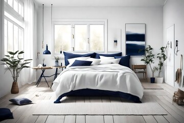 Nordic-inspired bedroom with navy blue details, showcasing simplicity and sophistication in a calming white setting.