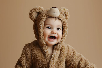 Laughing baby in bear costume. Studio portrait with beige background. Joy and innocence concept. Design for children's apparel, holiday cards, and family photography.