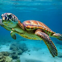 turtle swims in the sea. Clear water.