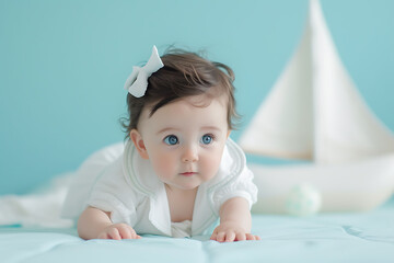 Fototapeta premium Baby in Sailor Suit, Wide-Eyed Infant, Baby Girl with Bow Headband