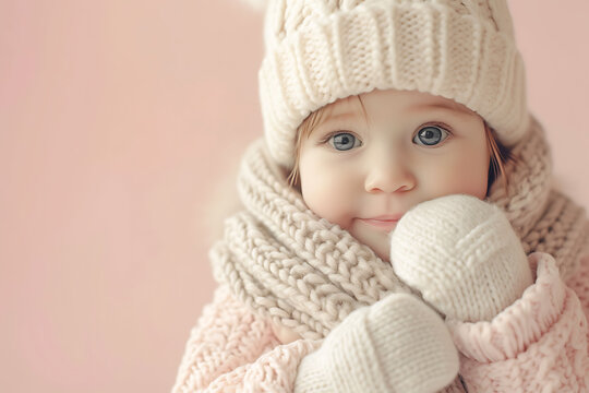 Cute Baby in Winter Clothes, Adorable Infant with Knit Hat, Smiling Baby in Warm Outfit