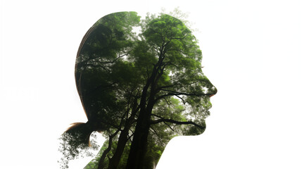 Silhouette of woman head with forest inside, symbolizing concern about nature and ecology