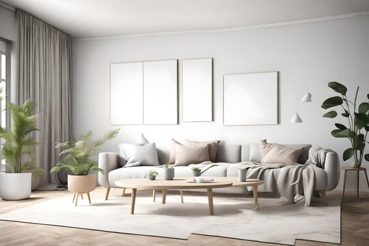 Step into a minimalist haven with a 3D-rendered living room, featuring a Scandinavian touch, an empty wall mockup, and a white blank frame beckoning for creativity.