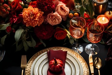 Elegant fall-themed table setup featuring charming plates, polished cutlery, sparkling glasses, assorted pumpkins, and a carefully curated selection of autumn flowers in a flat lay