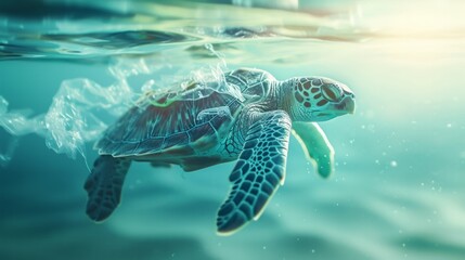 World turtle day and Ocean environmental day. Turtle with plastic in the water. Save sea, plastic pollution. Climate change