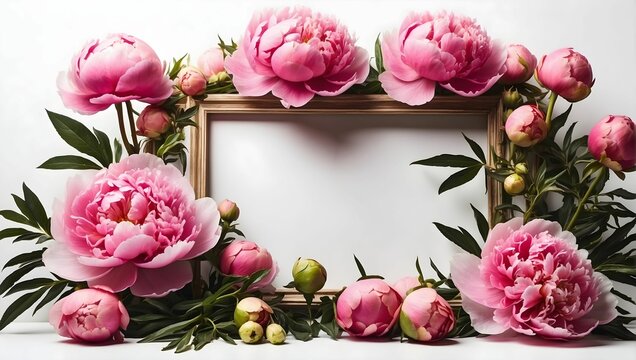 frame for a picture with blooming peonies. Beautiful flowers. Spring.