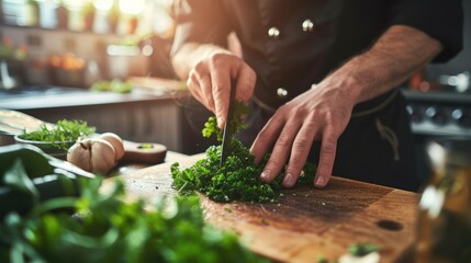 chef cook cutting fresh green herbs