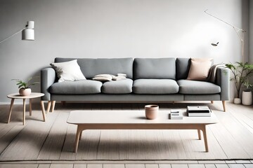 Capture the essence of Scandinavian design with a clean-lined sofa and coffee table in a minimalist...