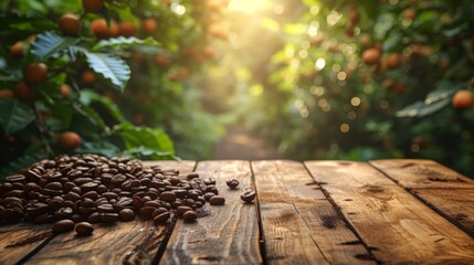 Empty wooden table in a coffee tree farm with a sunny, blur garden background with a country outdoor theme. Template mockup for the display of the product.